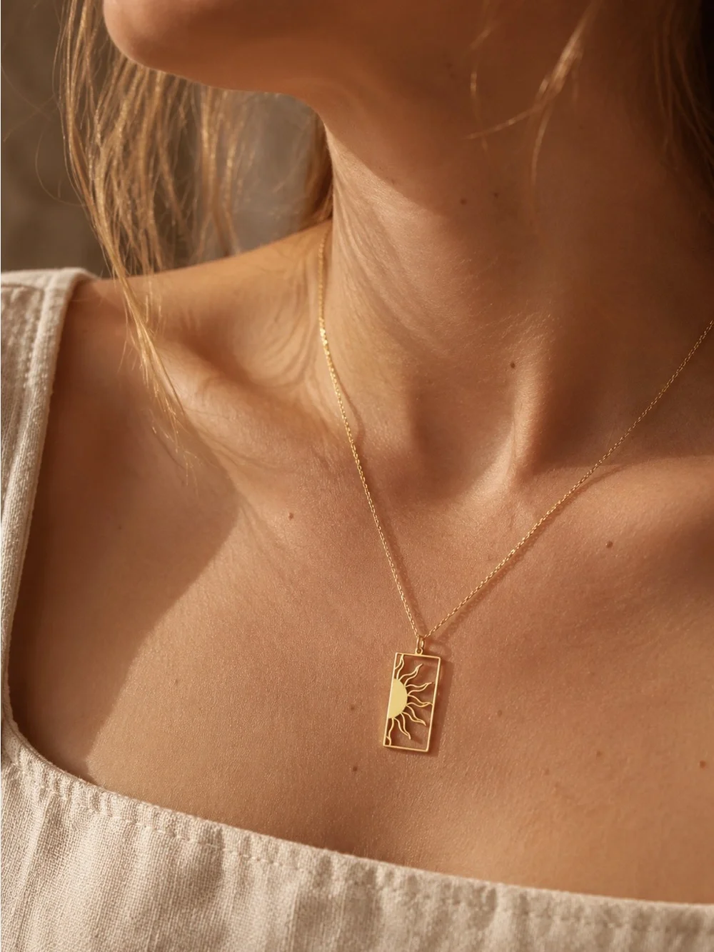 Gold Tone Sun Rectangle Pendant Necklace Celestial Minimalist